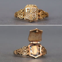 Load image into Gallery viewer, Vintage poison ring. Vintage pillbox ring. Vintage locket ring. Vintage compartment ring. Secret compartment ring. Vintage family crest ring. Gold shield ring. Heraldry ring.