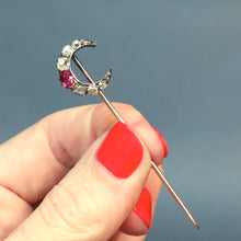 Load image into Gallery viewer, Antique crescent moon pin. Crescent moon pin. Diamond crescent moon pin. Crescent moon pin. Antique moon pin. Moon pin. Moon tie pin. Moon lapel pin. Antique lapel pin. Antique tie pin. Antique crescent moon tie pin. Antique crescent moon lapel pin. Demi moon. Old cut diamond crescent moon.
