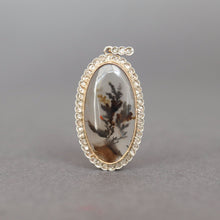 Load image into Gallery viewer, Antique art nouveau era dendritic agate pendant with diamond border in silver and gold. Oval shaped. Natural.