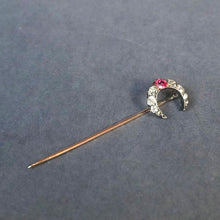 Load image into Gallery viewer, Antique crescent moon pin with diamonds & spinel in 14ct gold