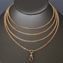Load image into Gallery viewer, Antique gold chain. Antique chain. Long guard chain. Longuard chain. Gold long guard chain. Belcher link chain. Gold belcher link chain. Hinged clip. Faceted belcher links. Victorian chain. Gold Victorian chain.