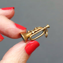 Load image into Gallery viewer, Antique Victorian figural trumpet charm seal fob with bloodstone intaglio motto reading would I were with thee! Romantic antique jewellery. Anniversary jewelry gift. Romantic antique jewelry. Anniversary jewellery gift.