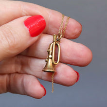 Load image into Gallery viewer, Antique Victorian figural trumpet charm seal fob with bloodstone intaglio motto reading would I were with thee! Romantic antique jewellery. Anniversary jewelry gift. Romantic antique jewelry. Anniversary jewellery gift.