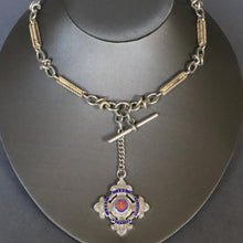 Load image into Gallery viewer, Antique sterling silver watch chain with gilt fancy links, T-bar fob and medallion. Edwardian silver Alvert chain. Double dog clips. Swivel link clasps. Salvation Army medallion. Salvation Army medal. Order of Long Service for 25 years of duty.