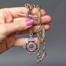 Load image into Gallery viewer, Antique sterling silver watch chain with gilt fancy links, T-bar fob and medallion. Edwardian silver Alvert chain. Double dog clips. Swivel link clasps. Salvation Army medallion. Salvation Army medal. Order of Long Service for 25 years of duty.