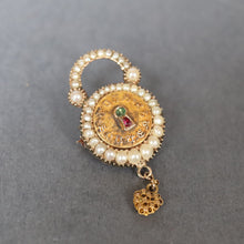 Load image into Gallery viewer, Antique padlock brooch with emerald, ruby & pearls in 9ct gold