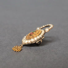 Load image into Gallery viewer, Antique padlock brooch with emerald, ruby & pearls in 9ct gold