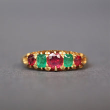 Load image into Gallery viewer, Antique emerald and spinel ring. Victorian emerald and spinel ring. Antique five stone ring. Victorian five stone ring. Emerald stacking ring. Antique emerald stacking ring. Antique stacking band. Emerald stacking band.