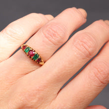 Load image into Gallery viewer, Antique emerald and spinel ring. Victorian emerald and spinel ring. Antique five stone ring. Victorian five stone ring. Emerald stacking ring. Antique emerald stacking ring. Antique stacking band. Emerald stacking band.
