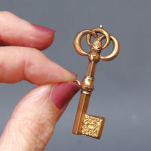 Load image into Gallery viewer, Antique Victorian watch key with serpent snake. Figural watch key. Hidden watch key. Secret watch key. Gold watch key. Gold door key pendant. Large key pendant. Key fob. Key charm.