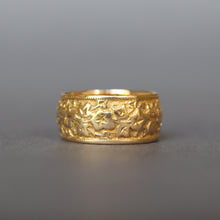 Load image into Gallery viewer, Antique Victorian era wide gold stacking band ring in 18ct gold. Antique wedding ring with embossed ivy leaf design around full circumference. Ivy leaf symbolising fidelity, loyalty, devotion. Anniversary gift ring.