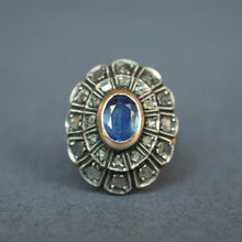Load image into Gallery viewer, Vintage Italian ring. Vintage cocktail ring. Sapphire and diamond ring. Tiered ring. Cocktail ring. Italian jewelry. Italian jewellery. Italian ring. Sapphire ring. Edwardian style ring. Victorian style ring. Statement ring. Flower style ring. Flower ring.