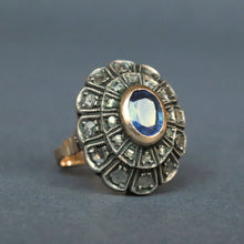 Load image into Gallery viewer, Vintage cocktail ring with sapphire (0.6ct) & diamonds in 12ct gold