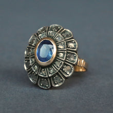 Load image into Gallery viewer, Vintage cocktail ring with sapphire (0.6ct) & diamonds in 12ct gold