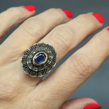 Load image into Gallery viewer, Vintage cocktail ring with sapphire (0.6ct) & diamonds in 12ct gold