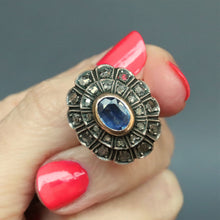 Load image into Gallery viewer, Vintage Italian ring. Vintage cocktail ring. Sapphire and diamond ring. Tiered ring. Cocktail ring. Italian jewelry. Italian jewellery. Italian ring. Sapphire ring. Edwardian style ring. Victorian style ring. Statement ring. Flower style ring. Flower ring.