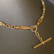 Load image into Gallery viewer, Antique fancy link watch chain in 9ct gold with T-bar fob & dog clip (18.9" / 48cm)