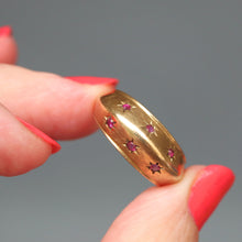Load image into Gallery viewer, Vintage star set ring. Vintage dome ring. Vintage ruby ring. Ruby ring. Star setting ring. Vintage gold dome ring. Florentine finish ring. Textured gold ring. Mid-century ring. Retro ring.