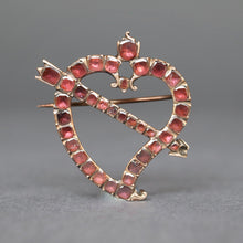 Load image into Gallery viewer, Georgian jewellery. Georgian jewelry. Georgian brooch. Georgian witch's heart. Georgian witches heart. Georgian witch heart. Witch's heart brooch. Witches heart brooch. Witch heart brooch. Antique witch heart brooch. Antique witch's heart brooch. Antique witches heart brooch. Flat cut garnet. Antique garnet brooch. Antique garnets. Foil back garnets. Heart and arrow brooch. Antique heart and arrow brooch. Georgian heart and arrow brooch.