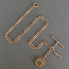 Load image into Gallery viewer, Antique gold chain. Antique watch chain. Gold Albert chain. Trombone link chain. Fetter link chain. Paperclip link chain. Paper clip link chain. Paperclip chain. Paper clip chain. Compass fob. Antique compass. Gold compass. T-bar. T-bar fob. Victorian chain. Victorian watch chain.