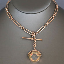 Load image into Gallery viewer, Antique gold chain. Antique watch chain. Gold Albert chain. Trombone link chain. Fetter link chain. Paperclip link chain. Paper clip link chain. Paperclip chain. Paper clip chain. Compass fob. Antique compass. Gold compass. T-bar. T-bar fob. Victorian chain. Victorian watch chain.