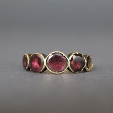 Load image into Gallery viewer, Georgian ring. Flat cut garnet. Flat cut garnet ring. Georgian flat cut garnet ring. Georgian garnet ring. Georgian garnet band. Antique garnet ring. Antique garnet band. Antique flat cut garnet ring. Antique flat cut garnet band. Five stone ring. Five stone band. Five stone garnet ring. Five stone garnet band. Foil back garnets. Foil back ring. Stacking band. Stacking ring. Garnet stacking band. Garnet stacking ring. Antique stacking ring. Antique stacking band.