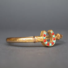 Load image into Gallery viewer, Antique horseshoe bangle with coral & turquoise in 14ct gold
