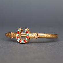 Load image into Gallery viewer, Antique horseshoe bangle with coral & turquoise in 14ct gold