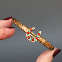 Load image into Gallery viewer, Antique horseshoe bangle. Horseshoe bangle. Gold horseshoe bangle. Victorian horseshoe bangle. Coral and turquoise horseshoe bangle. Coral horseshoe bangle. Turquoise horseshoe bangle. Vintage horseshoe bangle. Horseshoe bracelet. Horseshoe cuff. Antique horseshoe bracelet. Vintage horseshoe bracelet.