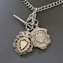 Load image into Gallery viewer, Antique watch chain. Antique Albert chain. Double Albert chain. Silver Albert chain. Sterling silver watch chain. Silver watch chain. Curb link chain. Curb link silver chain. Antique curb link chain. T-bar fob. Antique medals. Shield fobs. Double dog clips. Double lobster claw. Lobster claw clasp. Floating fob.