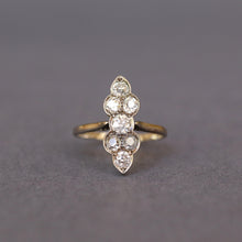 Load image into Gallery viewer, Antique north south ring with old cut diamonds. Early 20th century. Scalloped design. 1 carat diamond weight. Gilded vermeil band. Chernier shoulders.