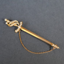 Load image into Gallery viewer, Antique sword brooch. Antique sword pin. Sword brooch. Sword pin. Gold sword brooch. Gold sword pin. Victorian sword brooch. Victorian sword pin. Pearl sword brooch. Pearl sword pin. Sword lapel pin. Antique lapel pin.