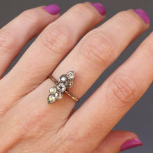 Load image into Gallery viewer, Antique north south ring with old cut diamonds. Early 20th century. Scalloped design. 1 carat diamond weight. Gilded vermeil band. Chernier shoulders.