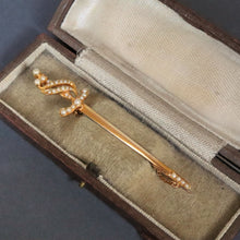 Load image into Gallery viewer, Antique sword brooch. Antique sword pin. Sword brooch. Sword pin. Gold sword brooch. Gold sword pin. Victorian sword brooch. Victorian sword pin. Pearl sword brooch. Pearl sword pin. Sword lapel pin. Antique lapel pin.