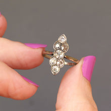 Load image into Gallery viewer, Antique north south ring with old cut diamonds. Early 20th century. Scalloped design. 1 carat diamond weight. Gilded vermeil band. Chernier shoulders.