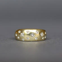 Load image into Gallery viewer, Vintage stacking ring with princess and brilliant cut diamonds in a slush setting in 14ct yellow gold. Stacking band. Heavy gold ring. Substantial gold ring. Mixed cut diamond ring.