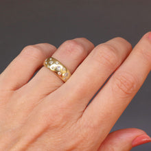 Load image into Gallery viewer, Vintage stacking ring with princess and brilliant cut diamonds in a slush setting in 14ct yellow gold. Stacking band. Heavy gold ring. Substantial gold ring. Mixed cut diamond ring.