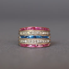 Load image into Gallery viewer, Harem ring. Vintage harem ring. Red, white and blue ring. Patriotic ring. American ring. American colors ring. Five band ring. Vintage five band ring. Spinel, tourmaline, diamond harem ring.