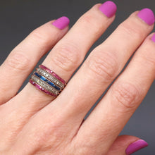 Load image into Gallery viewer, Harem ring. Vintage harem ring. Red, white and blue ring. Patriotic ring. American ring. American colors ring. Five band ring. Vintage five band ring. Spinel, tourmaline, diamond harem ring.