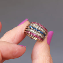 Load image into Gallery viewer, Harem ring. Vintage harem ring. Red, white and blue ring. Patriotic ring. American ring. American colors ring. Five band ring. Vintage five band ring. Spinel, tourmaline, diamond harem ring.