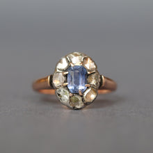 Load image into Gallery viewer, Antique sapphire ring. Antique cluster ring. Antique halo ring. Blue sapphire ring. Antique diamond halo ring. Antique diamond cluster ring.