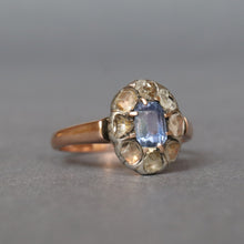 Load image into Gallery viewer, Antique blue sapphire (0.8ct) & diamond cluster ring in 9ct gold