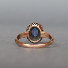 Load image into Gallery viewer, Antique blue sapphire (0.8ct) & diamond cluster ring in 9ct gold