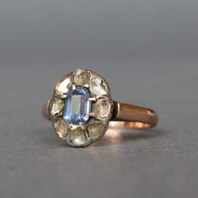 Load image into Gallery viewer, Antique blue sapphire (0.8ct) & diamond cluster ring in 9ct gold