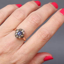 Load image into Gallery viewer, Antique sapphire ring. Antique cluster ring. Antique halo ring. Blue sapphire ring. Antique diamond halo ring. Antique diamond cluster ring.