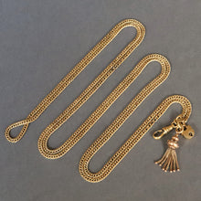 Load image into Gallery viewer, Antique long guard chain. Antique muff chain. Antique pinchbeck chain. Antique curb link chain. Antique chain with dog clip, lobster claw clasp, padlock, tassel. Antique Victorian chain. Pinchbeck chain.