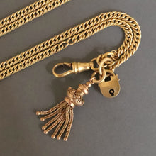 Load image into Gallery viewer, Antique pinchbeck long guard chain with clasp, padlock & tassel (57"/146cm)
