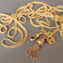 Load image into Gallery viewer, Antique pinchbeck long guard chain with clasp, padlock & tassel (57"/146cm)