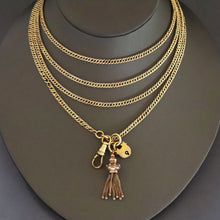 Load image into Gallery viewer, Antique long guard chain. Antique muff chain. Antique pinchbeck chain. Antique curb link chain. Antique chain with dog clip, lobster claw clasp, padlock, tassel. Antique Victorian chain. Pinchbeck chain.