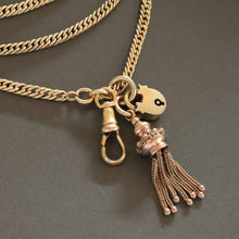 Load image into Gallery viewer, Antique long guard chain. Antique muff chain. Antique pinchbeck chain. Antique curb link chain. Antique chain with dog clip, lobster claw clasp, padlock, tassel. Antique Victorian chain. Pinchbeck chain.